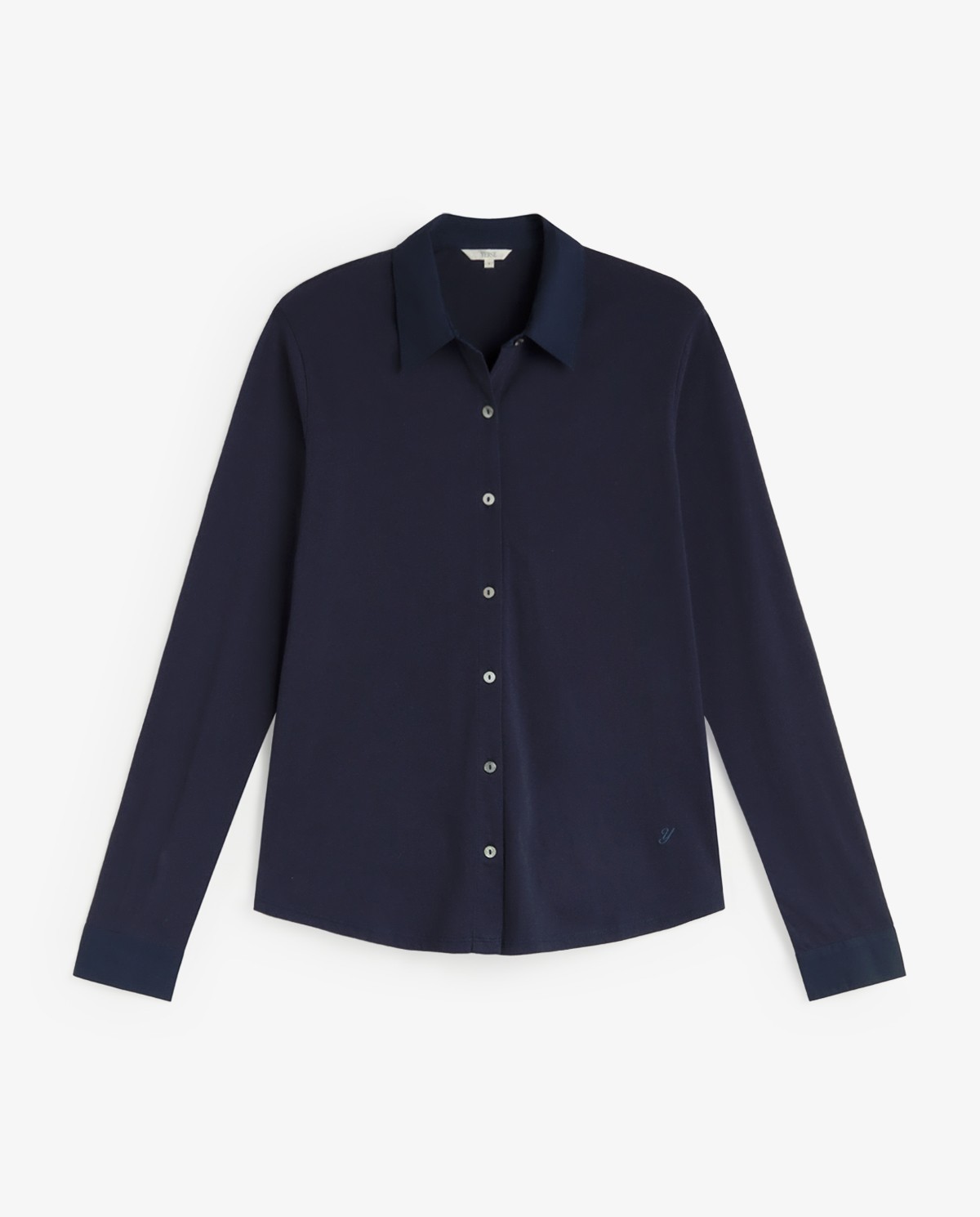 Camisa bimateria popelín en color azul oscuro, vista frontal con detalle del tejido 7