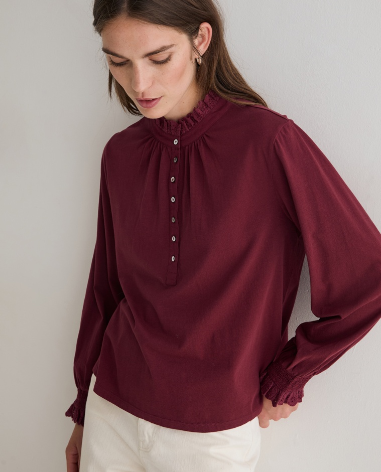 Camisa romántica granate de algodón para mujer