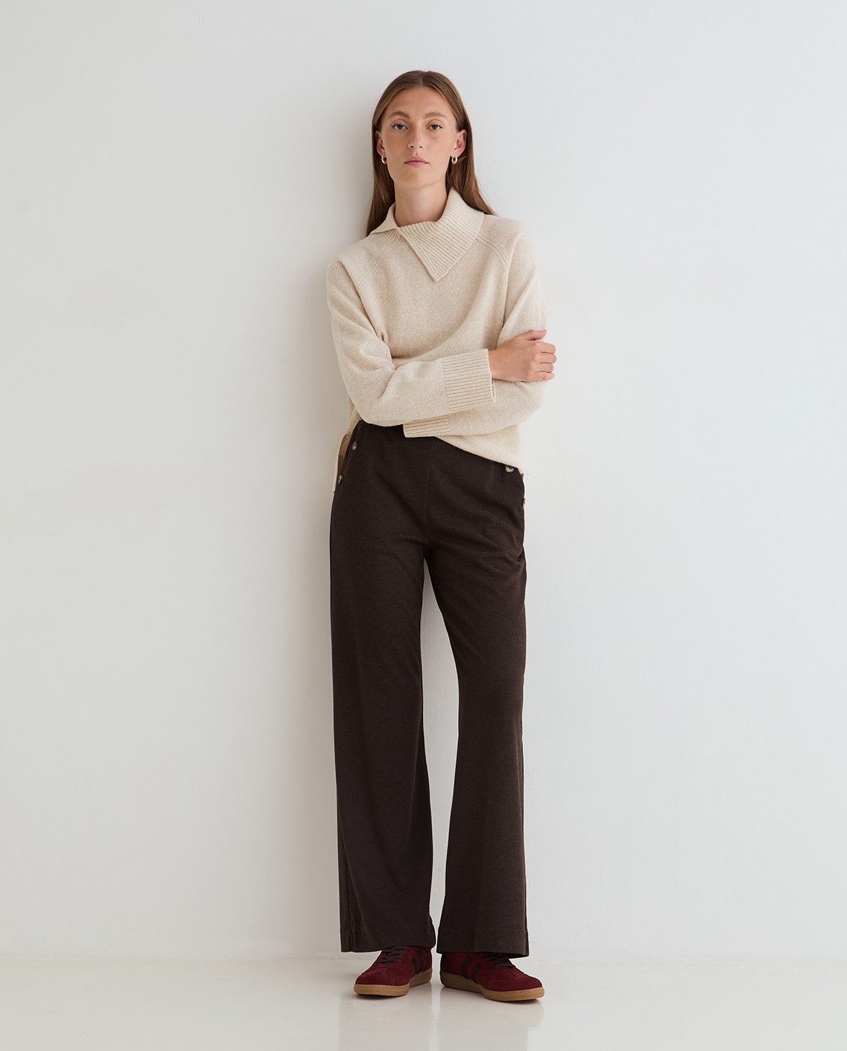 Women's dark brown wide-leg knit trousers
