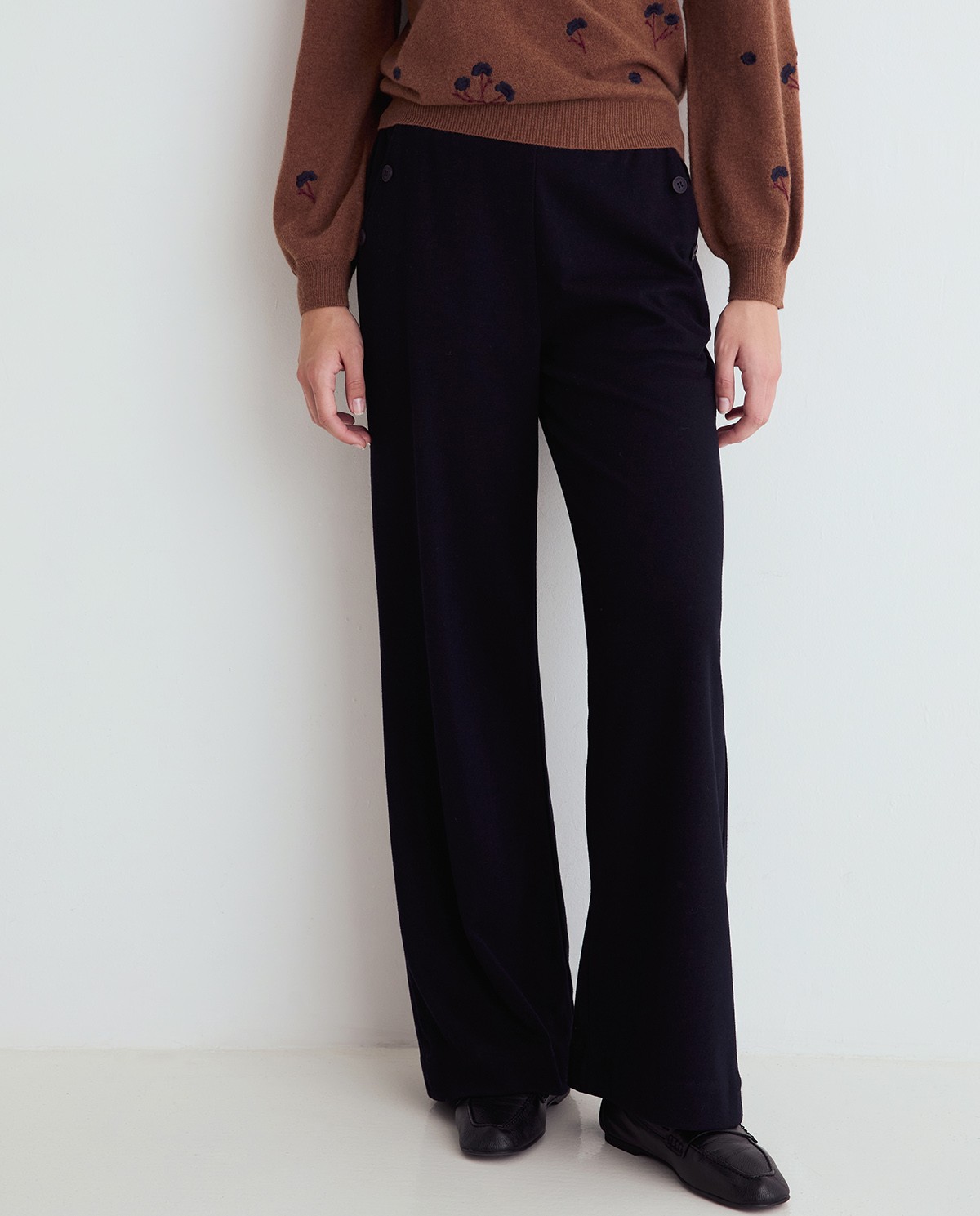 Pantalón ancho de punto azul marino para mujer 1