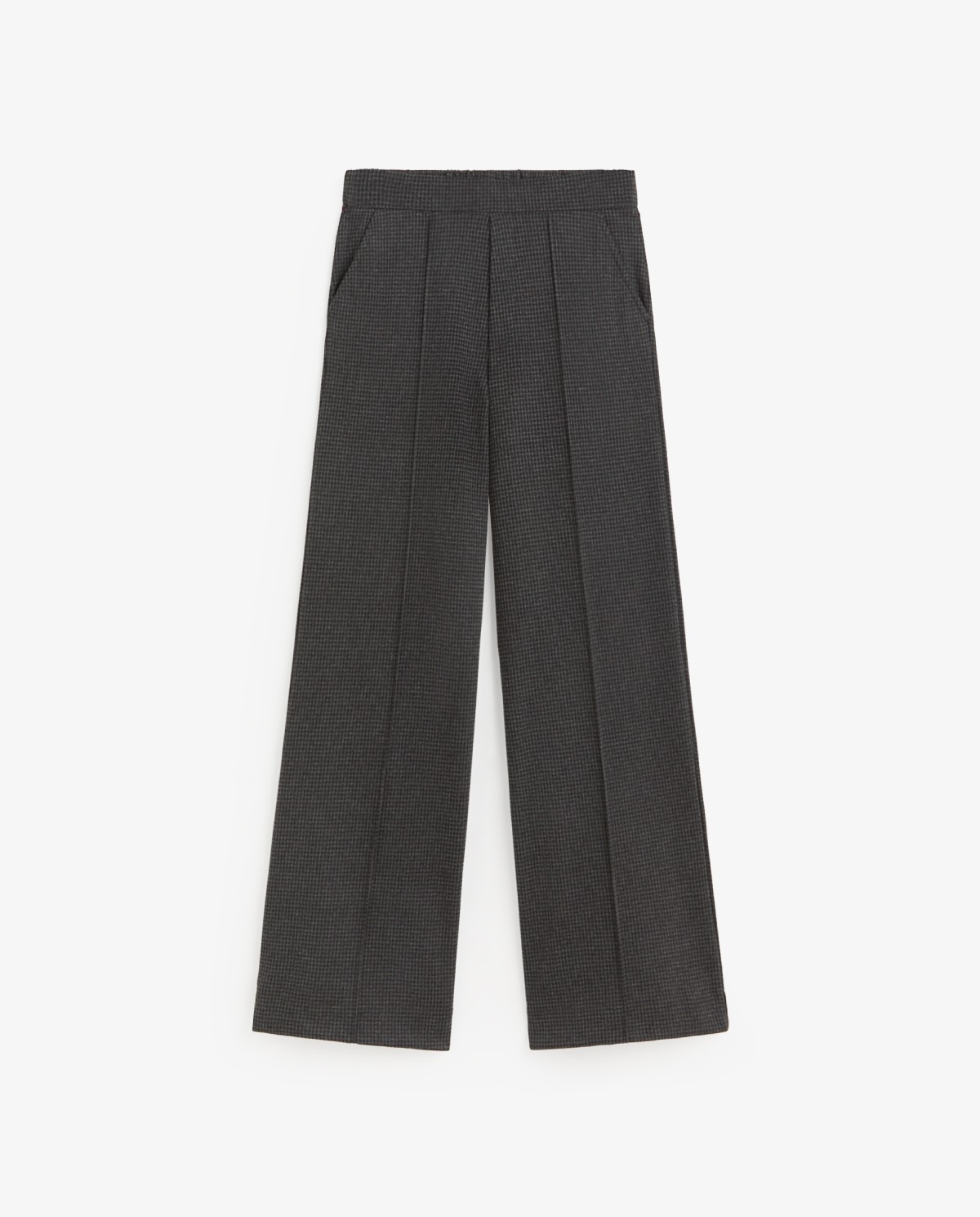 Pantalón wide leg de cuadros gris oscuro, vista frontal con detalle del tejido jacquard 4