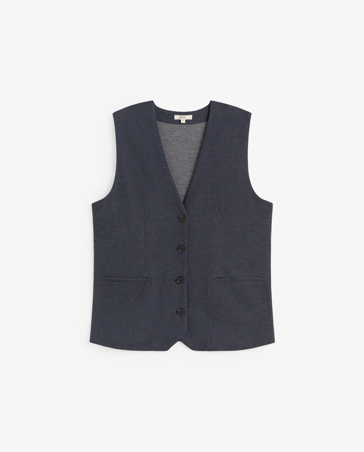Chaleco efecto denim en color índigo, vista frontal con detalle del tejido 5