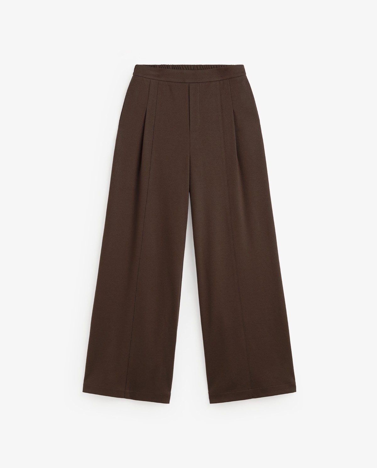 Pantalón punto wide leg en color chocolate, vista frontal con detalle del tejido afelpado 6