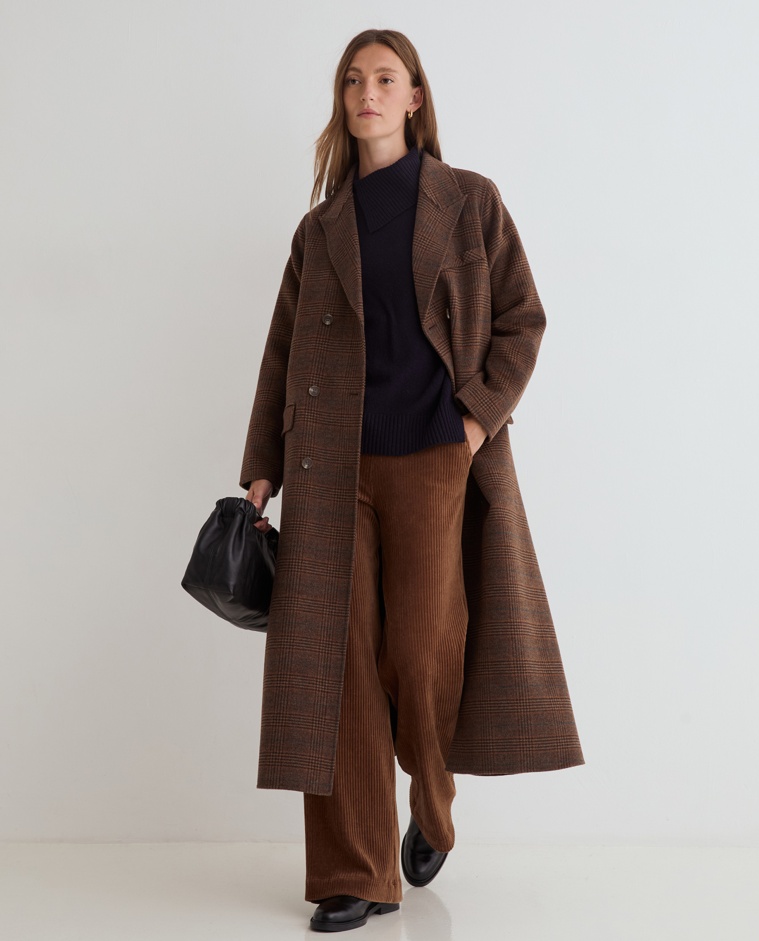 Camel wide-leg corduroy trousers, front view with corduroy fabric detail