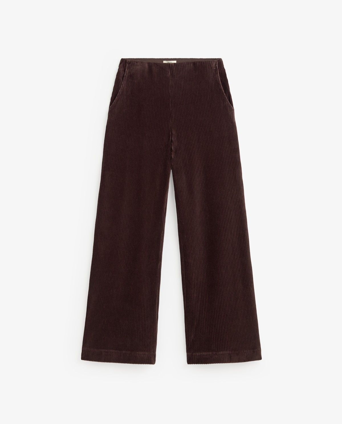 Pantalon wide leg en velours côtelé coloris marron, vue de face avec détail du tissu 5