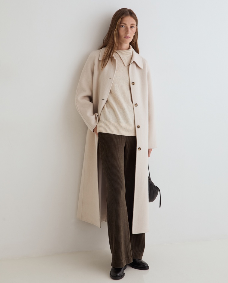 Khaki green wide-leg corduroy trousers, front view with corduroy fabric detail