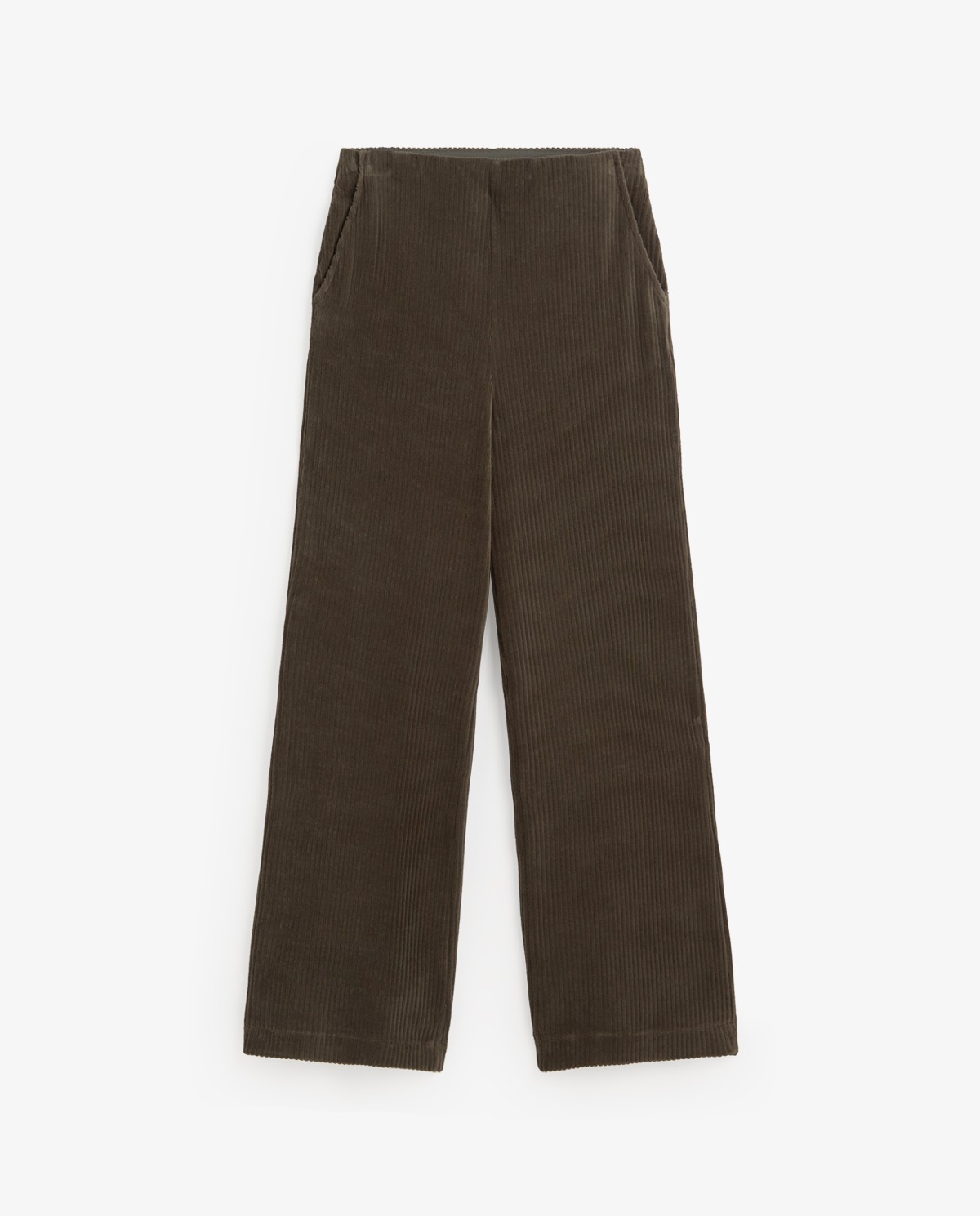 Khaki green wide-leg corduroy trousers, front view with corduroy fabric detail 5