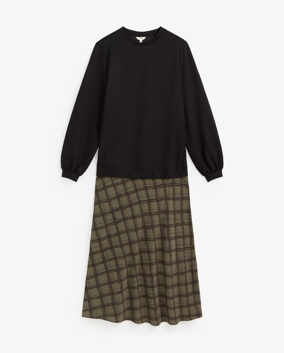 Robe midi combinée noire avec imprimé à carreaux, vue de face avec détail du tissu 6