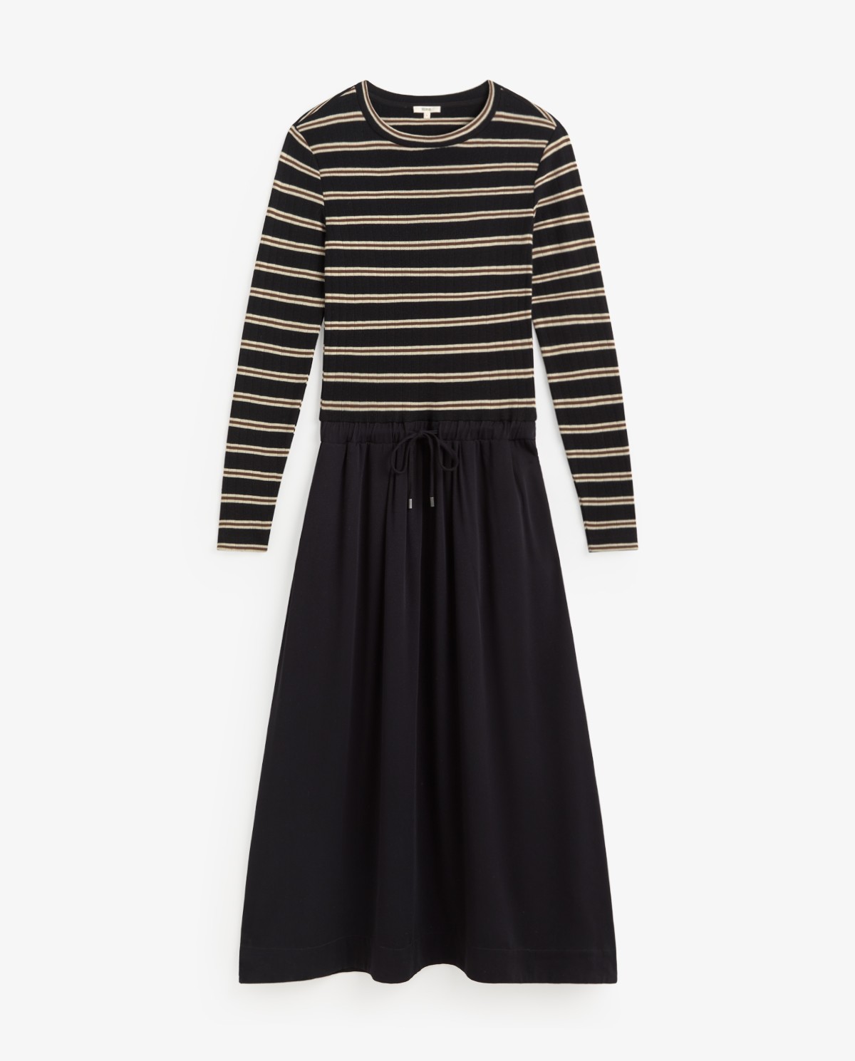 Robe midi combinée noire avec imprimé à rayures, vue de face avec détail du tissu 8