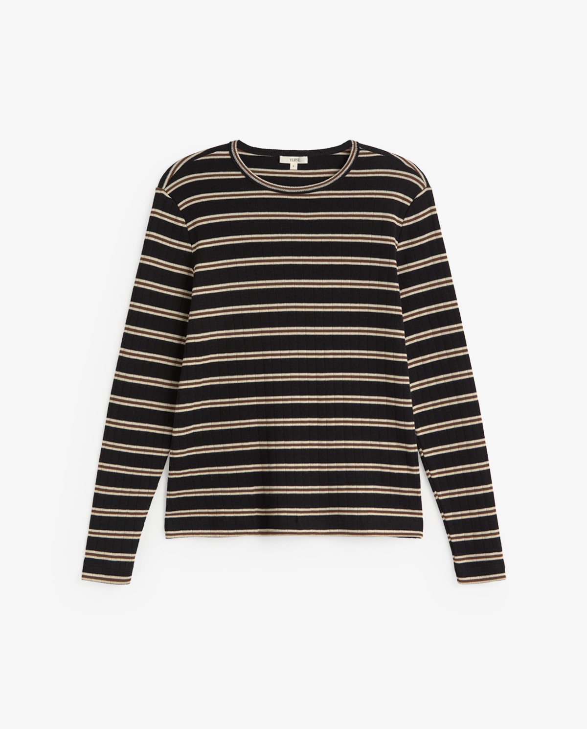 Camiseta de canalé negra con estampado de rayas, vista frontal con detalle del tejido 6