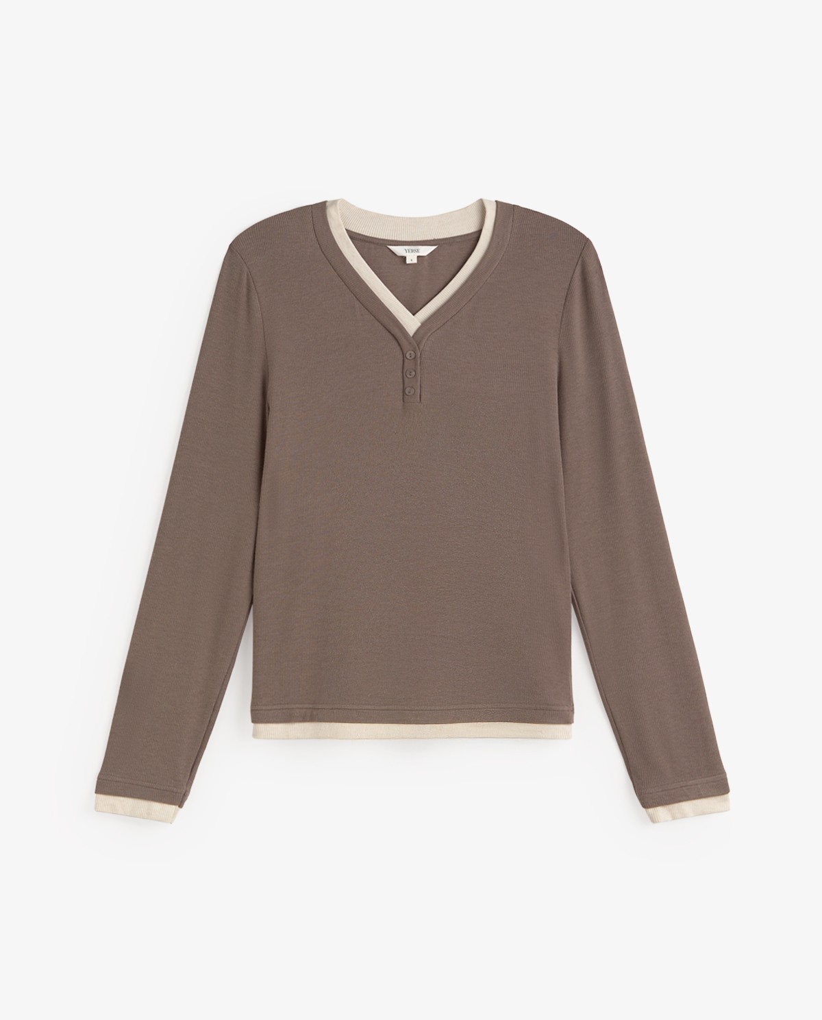 Beige layered-effect T-shirt, front view with fabric detail 3