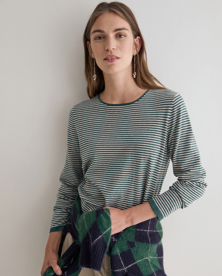Pull rayures maille fine vert et beige