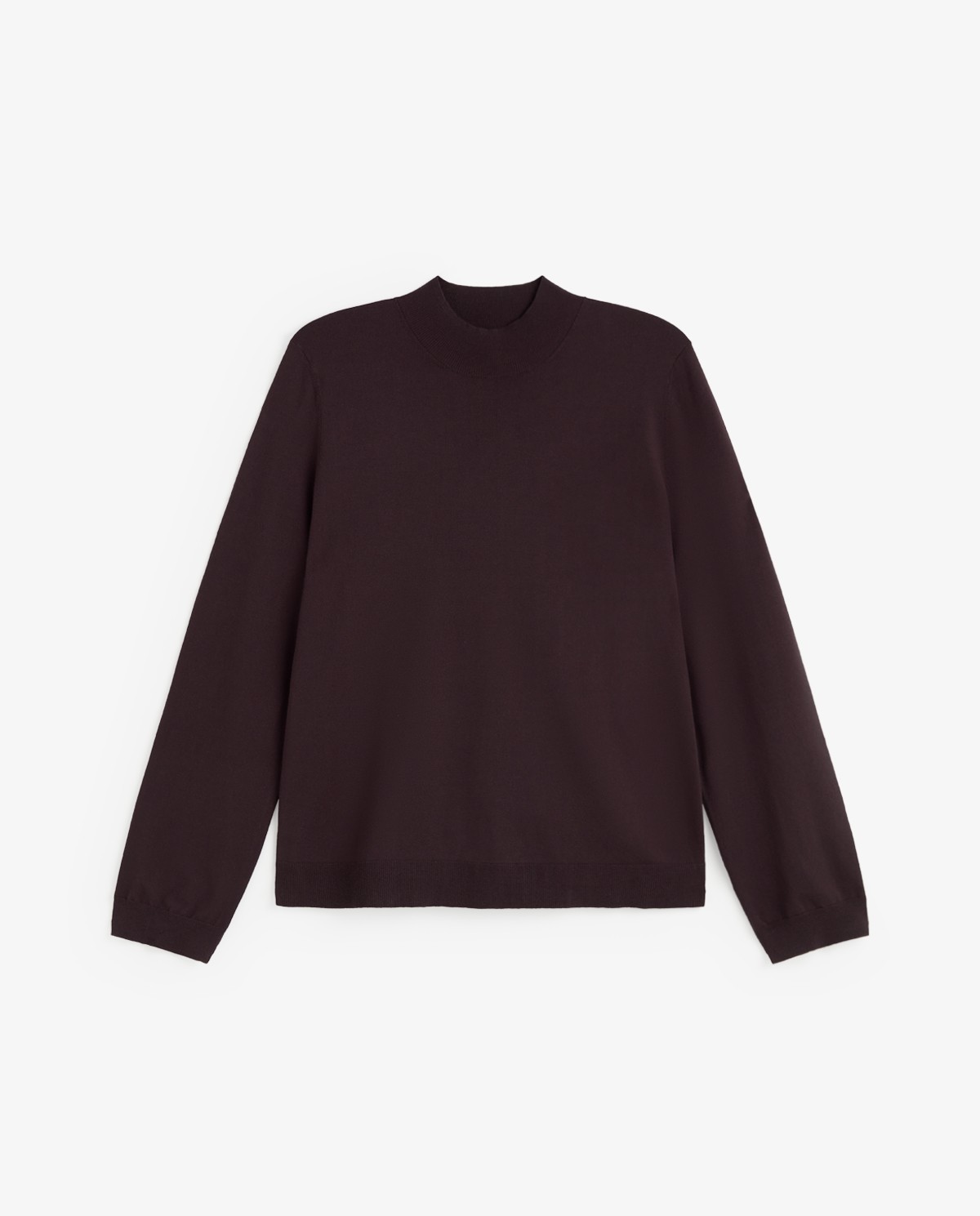 Jersey fino de color chocolate, vista frontal con detalle del cuello Perkins y del tejido 4