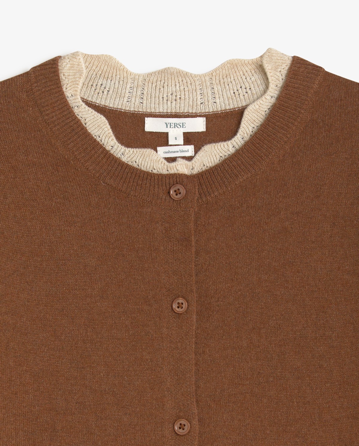 Cárdigan de punto marrón y beige con detalles contraste 6