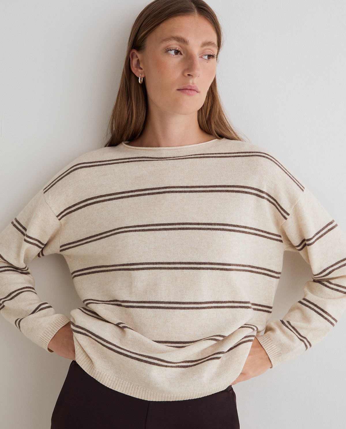 Jersey de punto fino de rayas anchas crudo