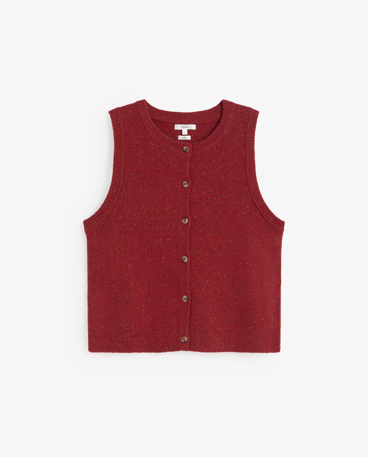 Chaleco de punto tweed rojo, vista frontal con detalle del tejido 5