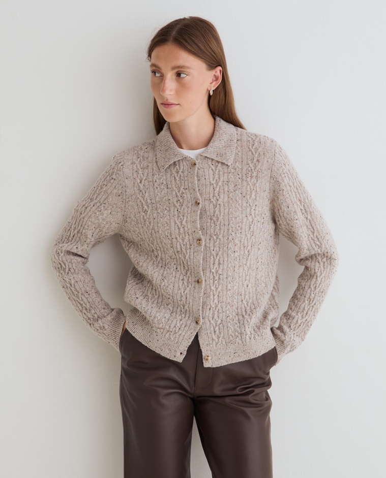 Ecru woven tweed knit cardigan, front view with fabric detail