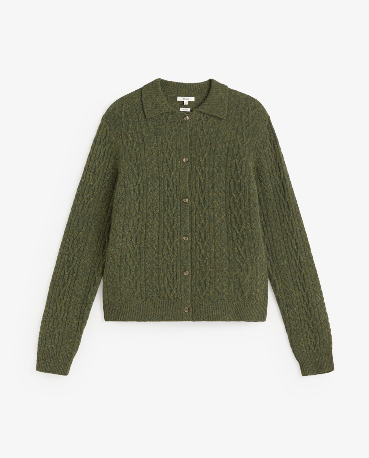 Cárdigan de punto tweed trenzado verde, vista frontal con detalle del tejido 8