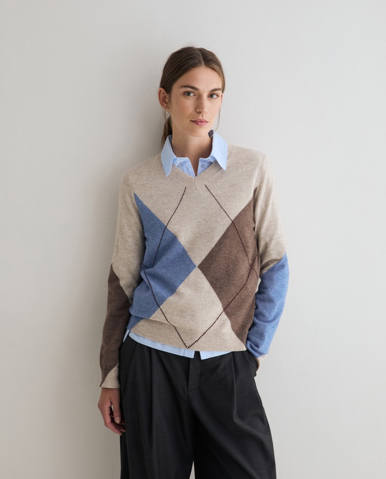 Jersey de punto fino con rombos crudo y azul