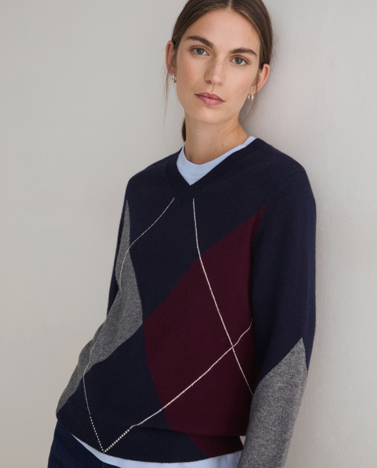Jersey de punto fino con rombos gris y granate