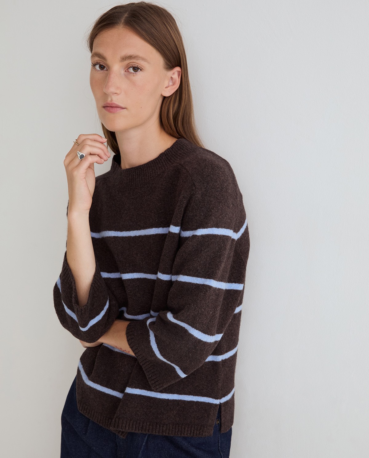 Jersey de punto manga francesa rayas marron y azul