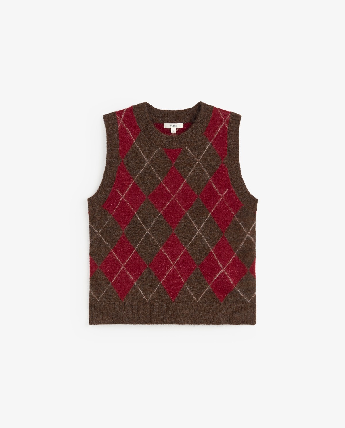 Chaleco de punto rombos marrón y rojo 5