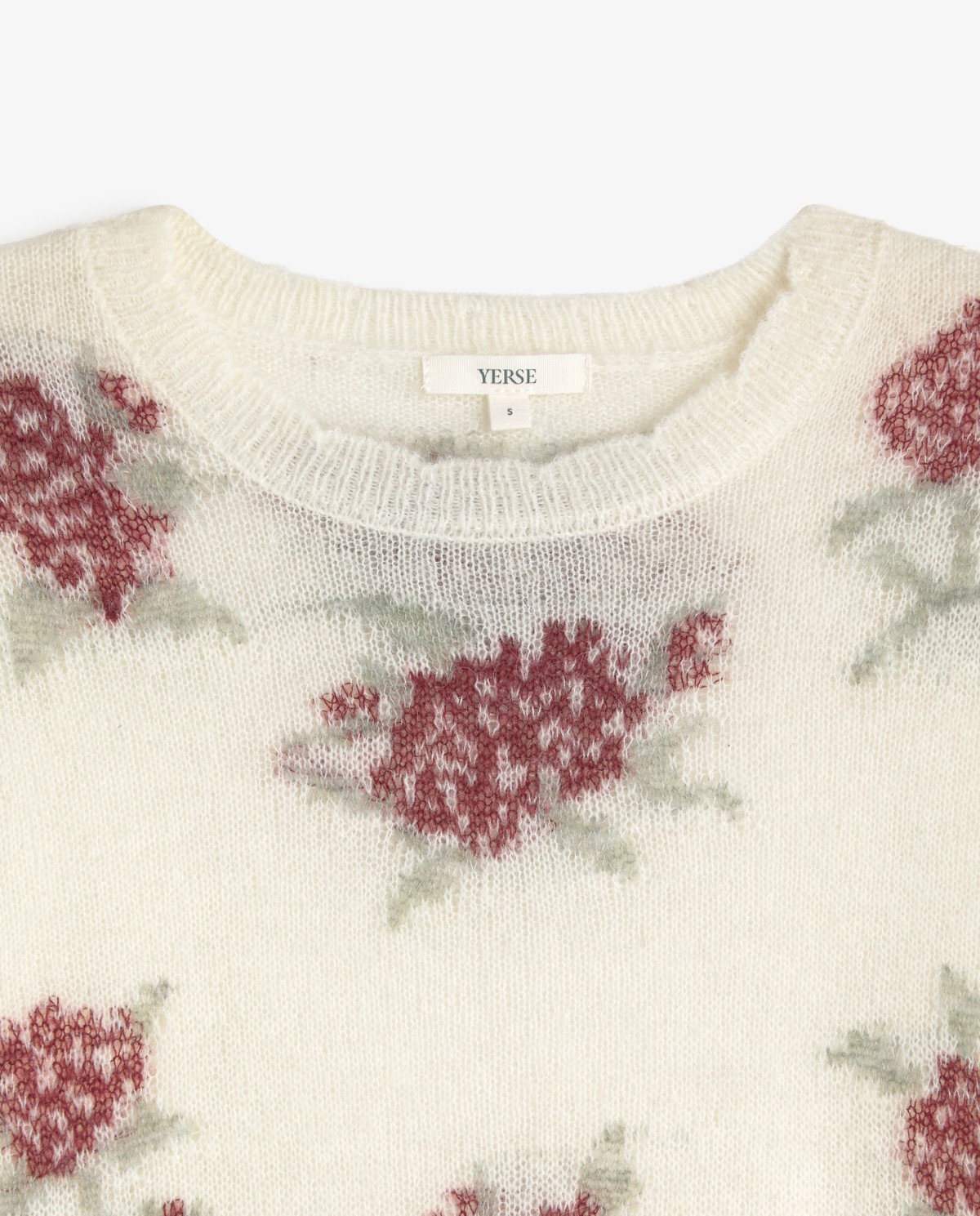 Jersey de punto crudo con flores multicolor, vista frontal con detalle del jacquard 7
