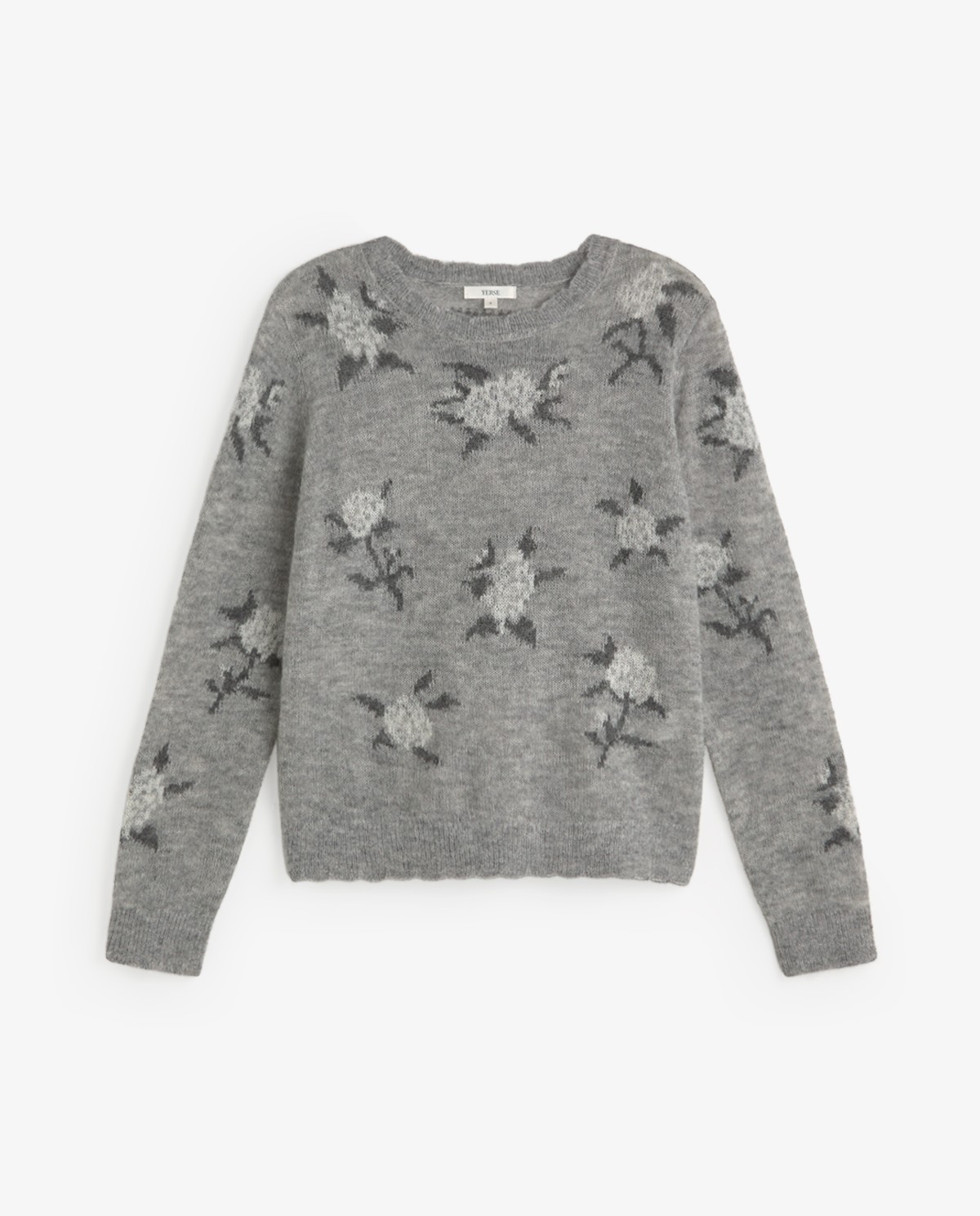 Jersey de punto gris con flores blancas, vista frontal con detalle del jacquard 7