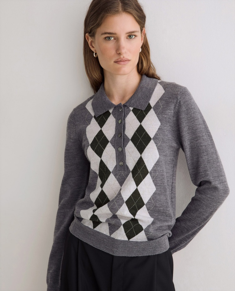 Jersey fino de lana merino con rombos gris y verde