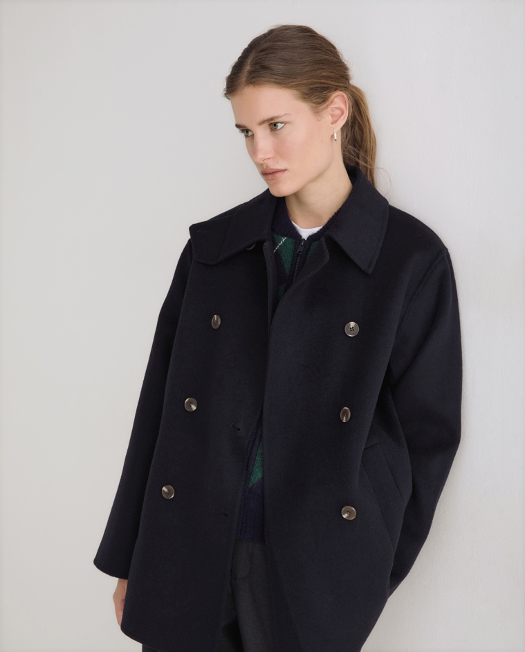 Navy blue short handmade coat, front view with wool fabric detail