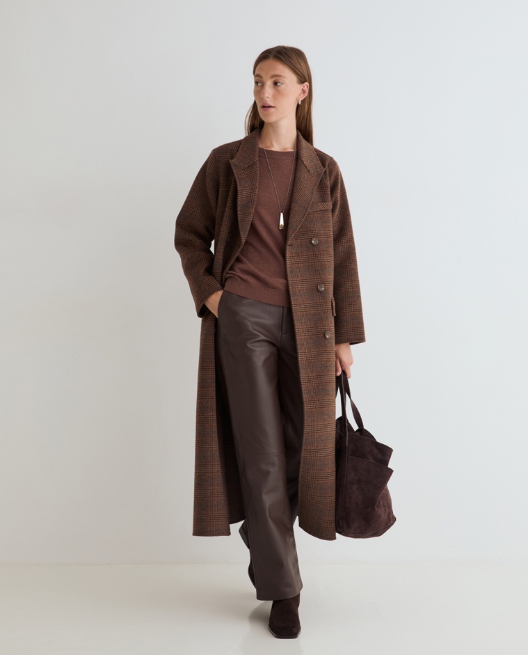 Abrigo largo doble faz handmade de cuadros marron
