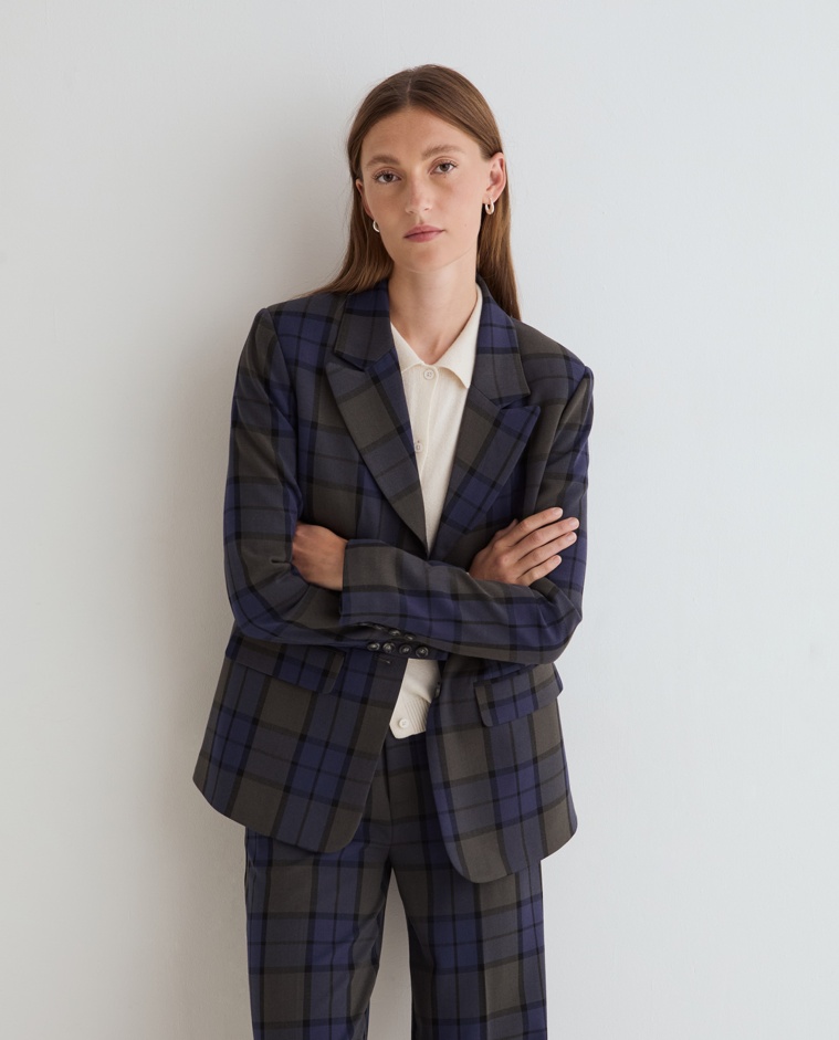 Americana de traje con cuadros multicolor, vista frontal con detalle del tejido jacquard