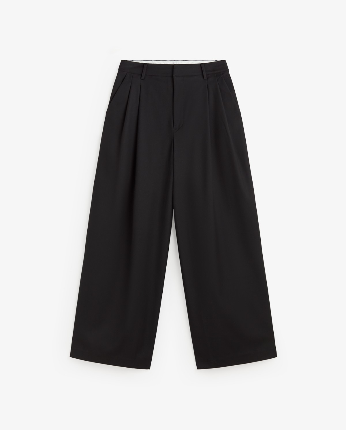 Pantalones de traje wide leg negros, vista frontal con detalle del tejido estructurado 3