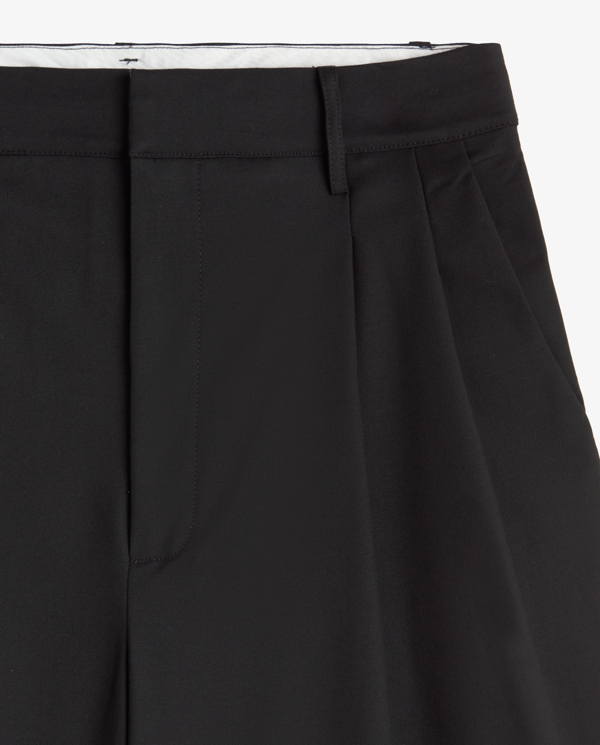 Pantalones de traje wide leg negros, vista frontal con detalle del tejido estructurado 4