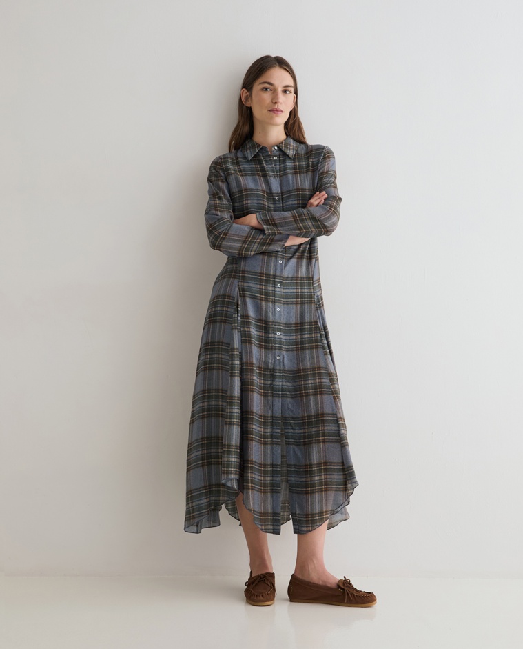 Multicolour check midi dress with shirt collar and asymmetrical hem