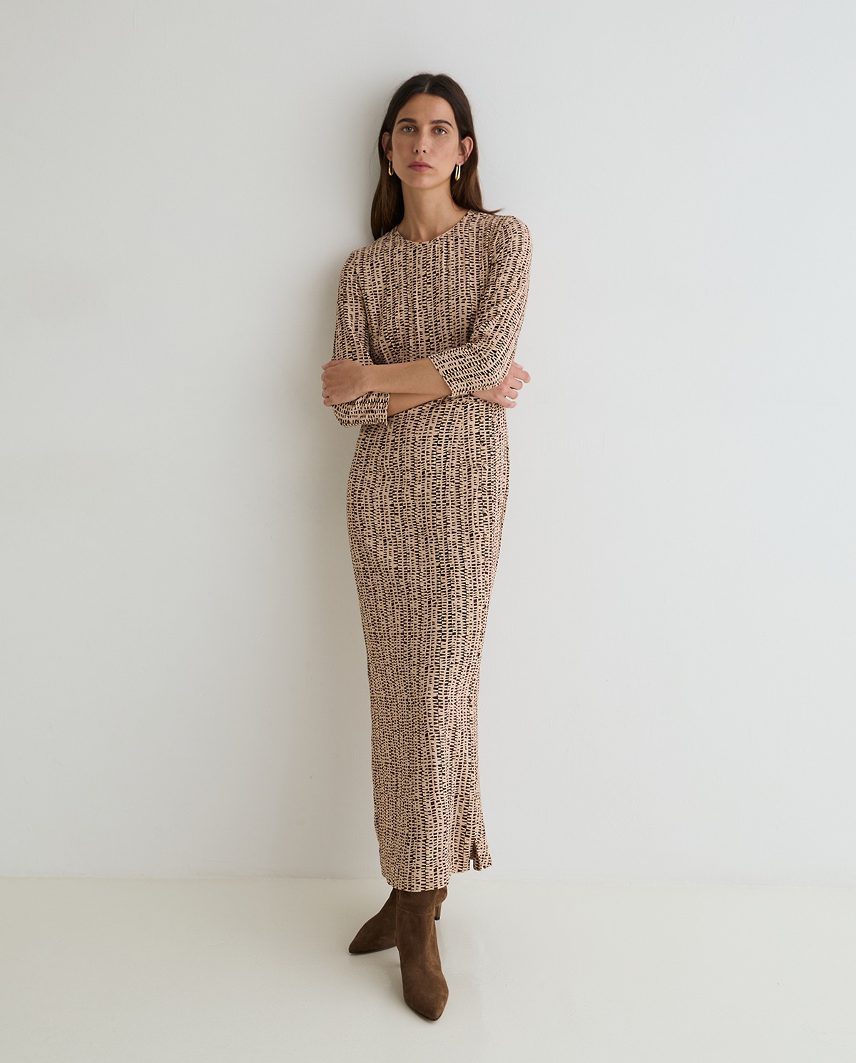Vestido midi de crepé de viscosa print beige y marrón