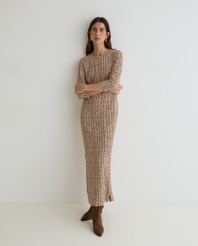 Vestido midi de crepé de viscosa print beige y marrón