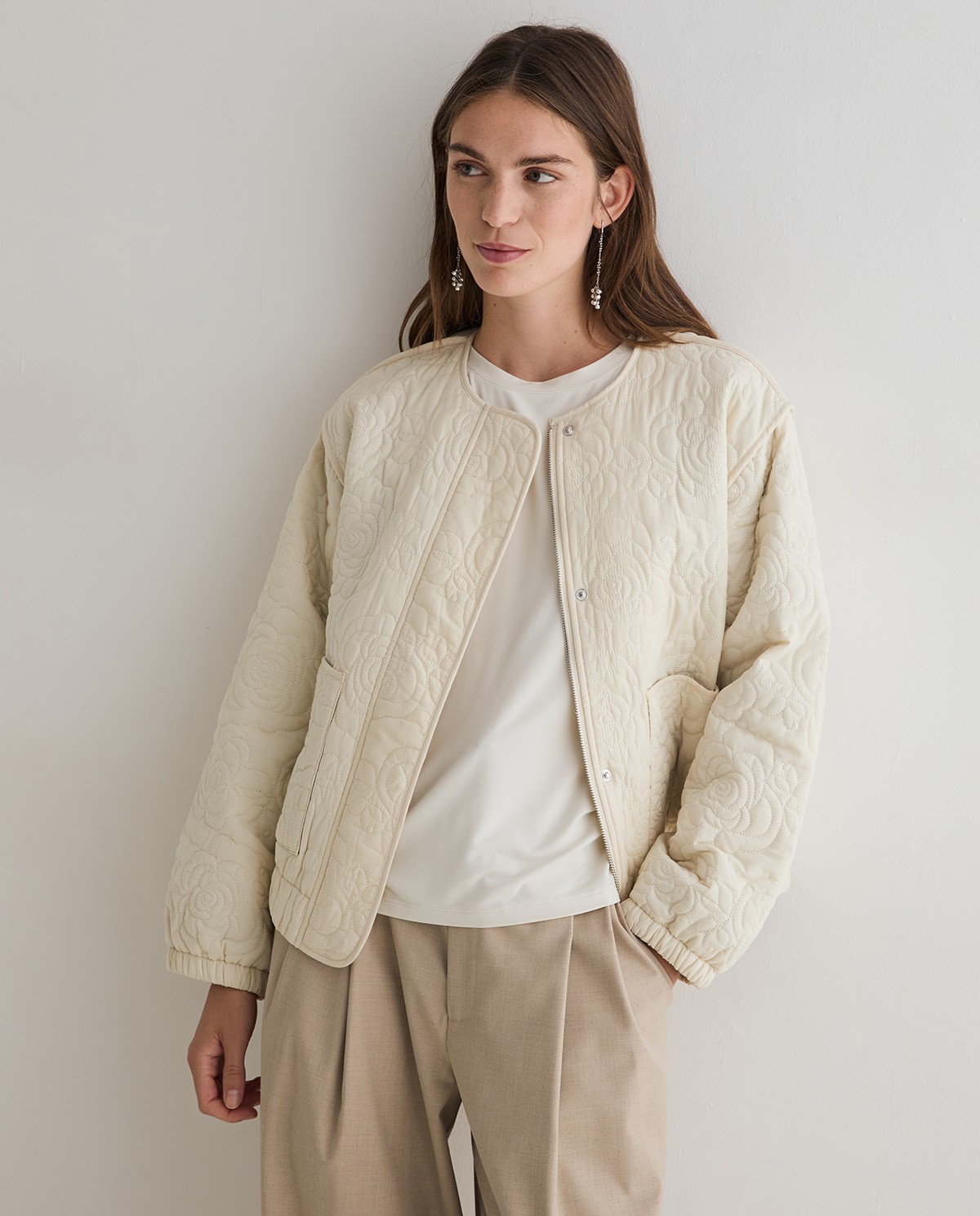 Quilted embroidered jacket in ecru