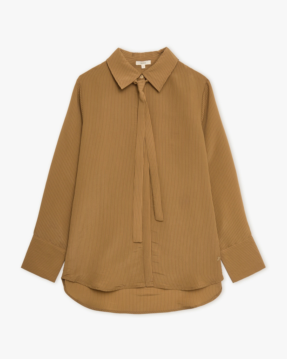 Camisa de rayas marrón con lazo al cuello y botones ocultos