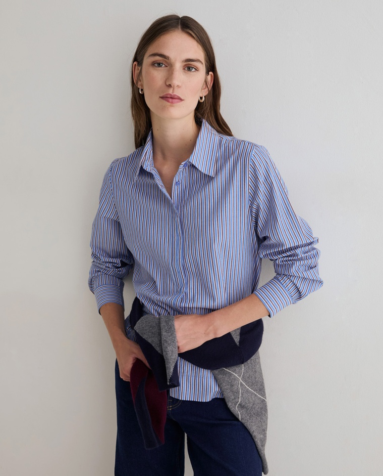 Camisa popelín algodón orgánico en color rayas azul y marrón