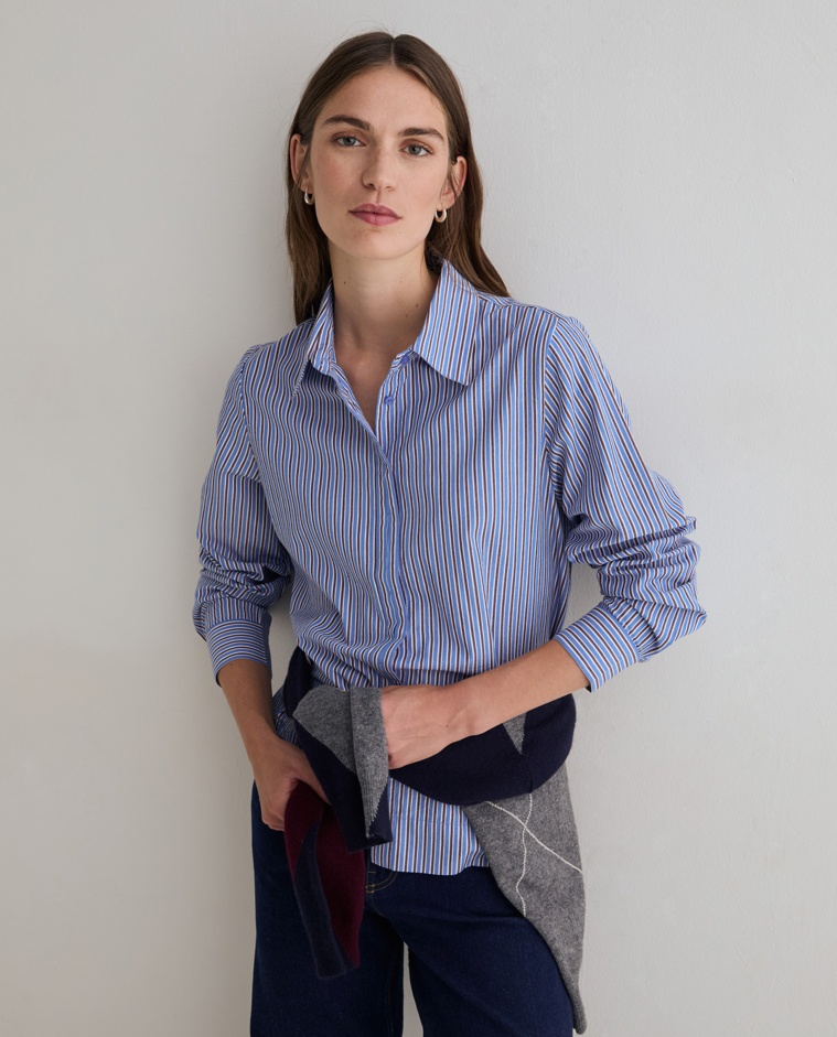 Camisa popelín algodón orgánico en color rayas azul y marrón
