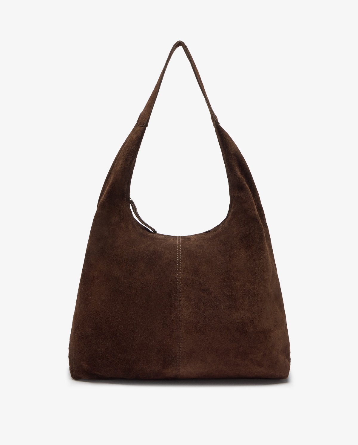 Bolso hobo de ante color chocolate con cierre de cremallera y asa de hombro.