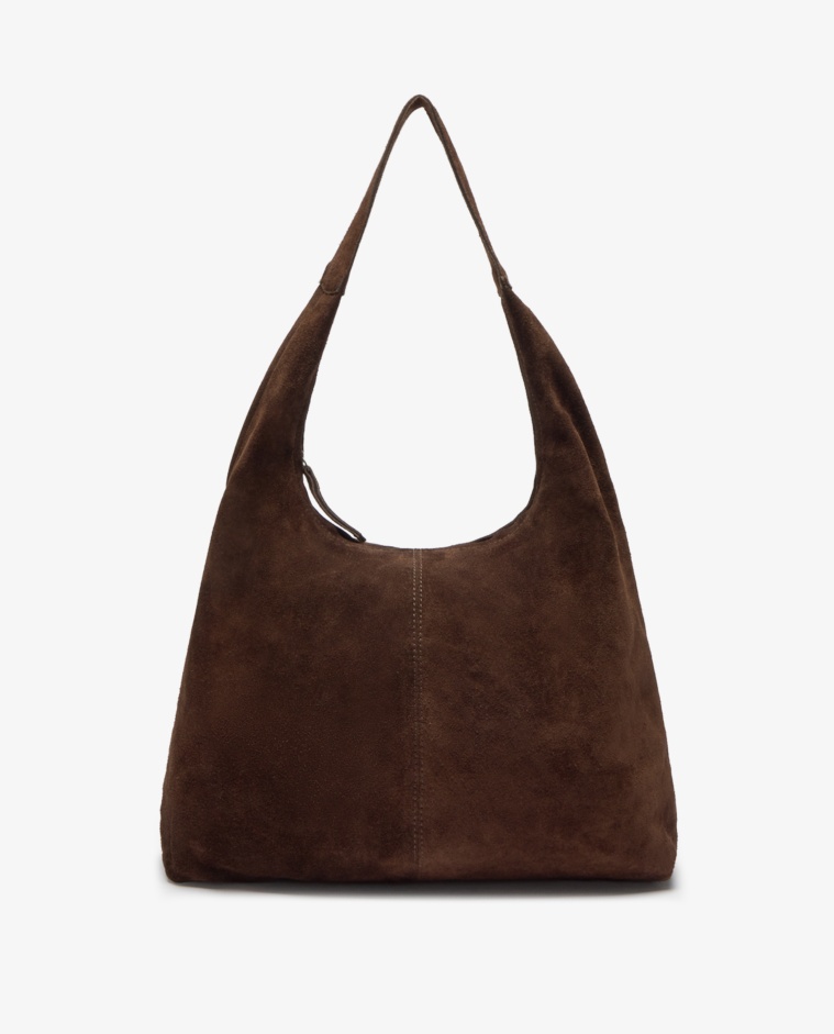 Bolso hobo de ante color chocolate con cierre de cremallera y asa de hombro.