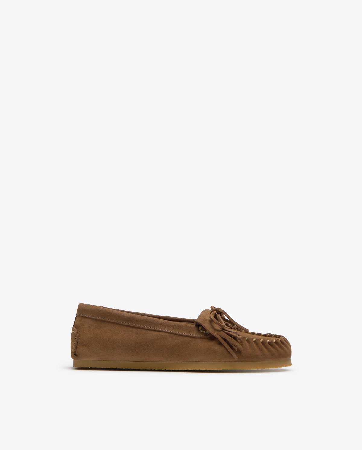 Mocasín de serraje con flecos en color visón 1