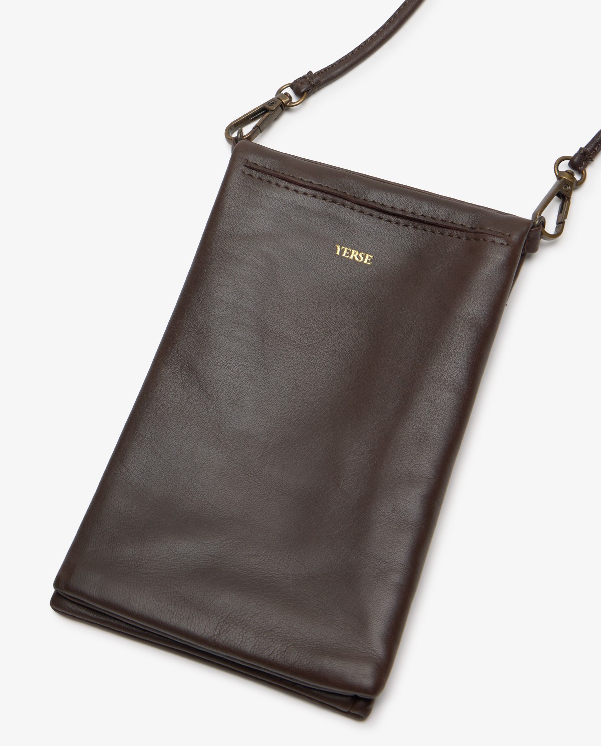 Leather phone pouch in chocolate 2
