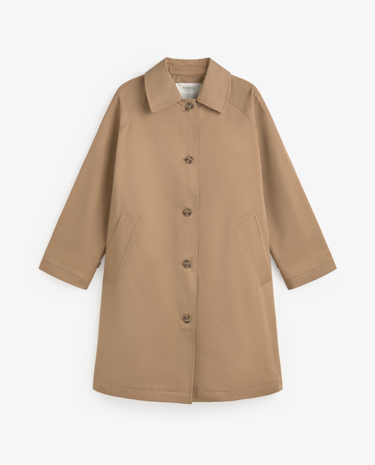 Gabardina midi de algodón en color camel, vista frontal con detalle del tejido 11