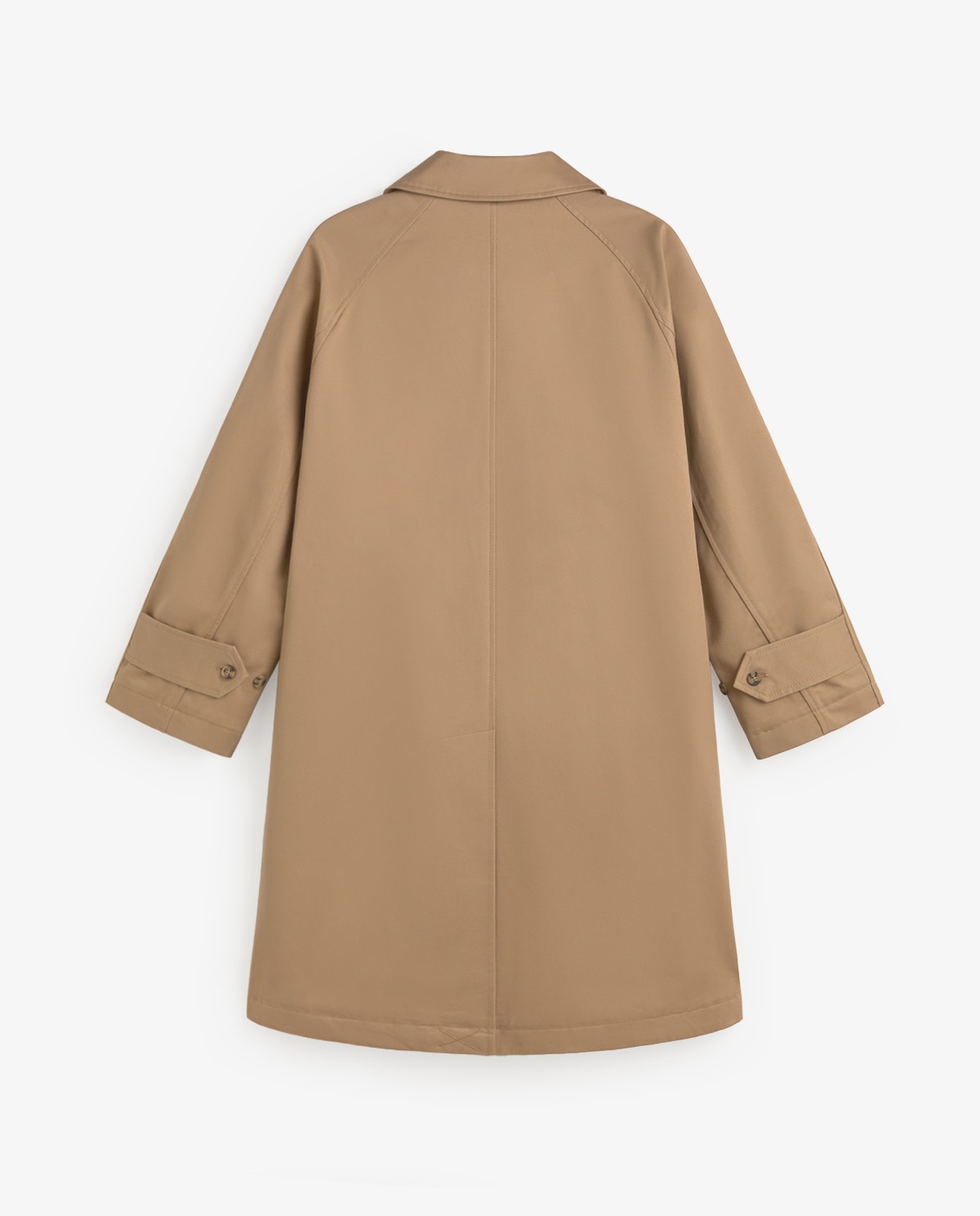 Gabardina midi de algodón en color camel, vista frontal con detalle del tejido 13