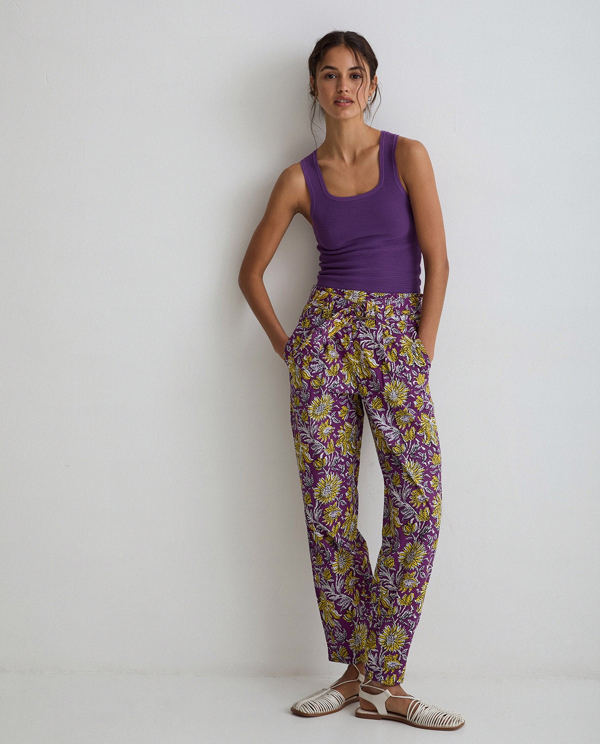 Print cotton trousers Purple