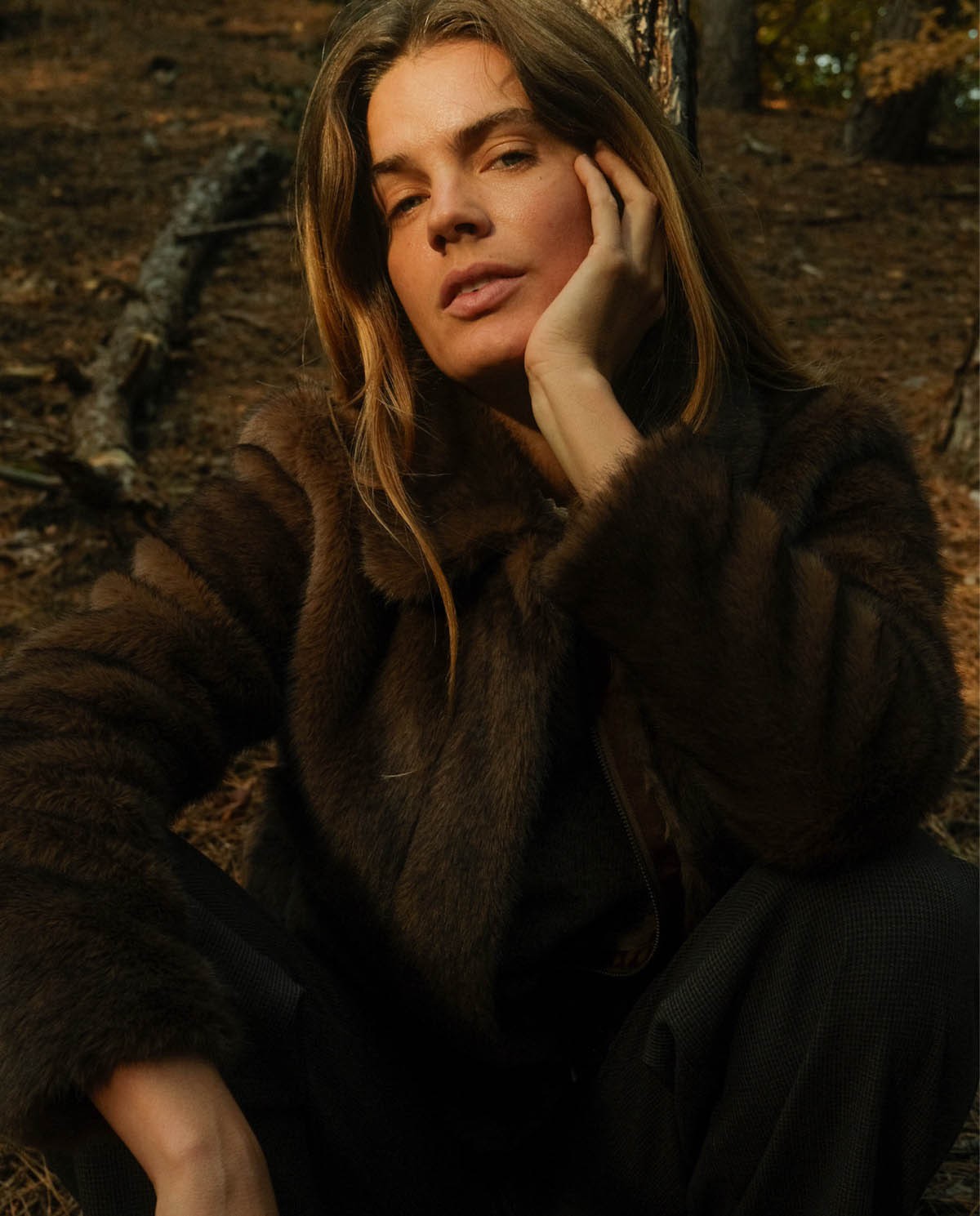 Brown faux-fur short coat woman Yerse - Front view 1