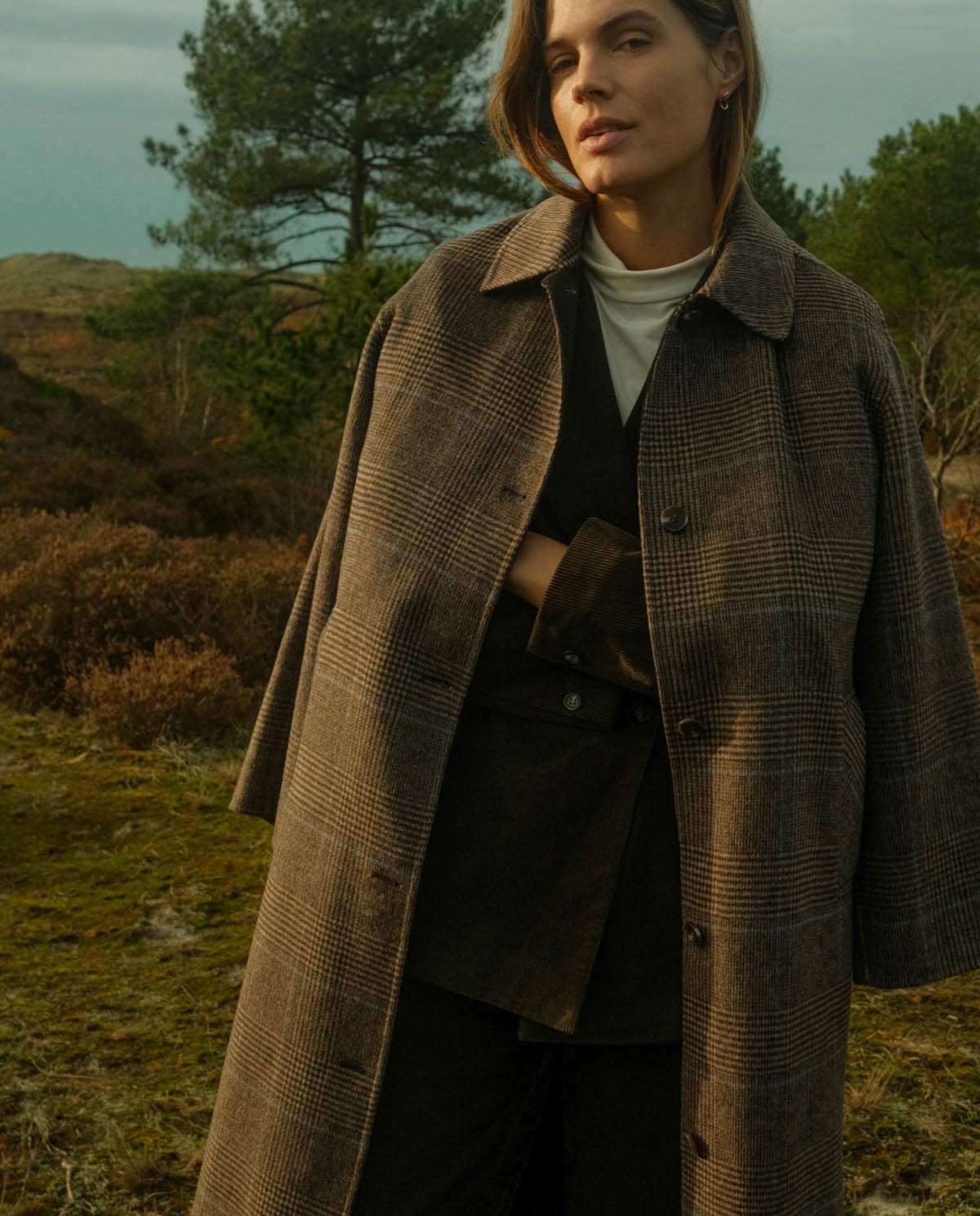 Handmade checked wool-blend long coat brown woman Yerse - Front view